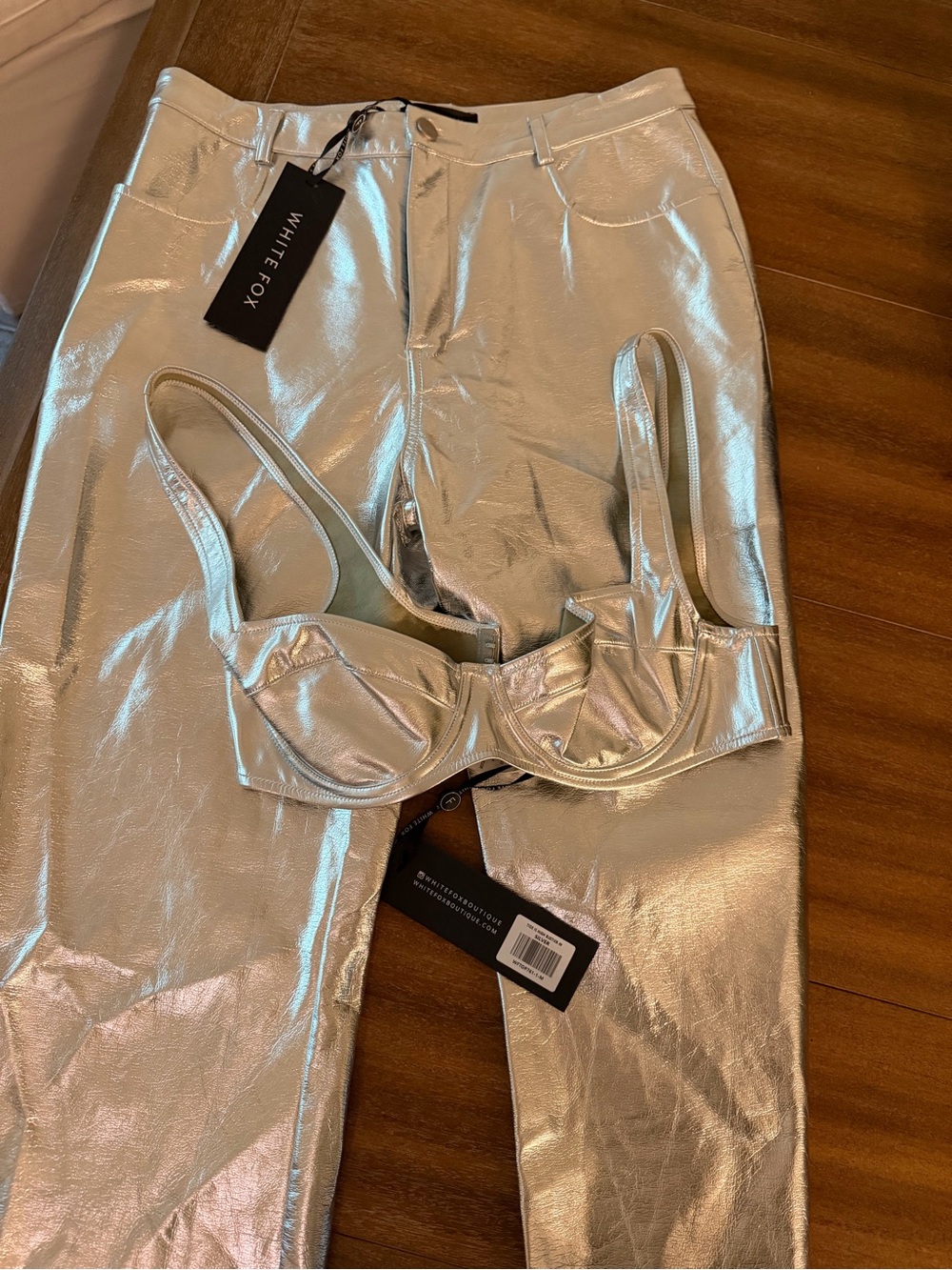 White Fox Boutique Silver High-Waist Wide Leg Pants